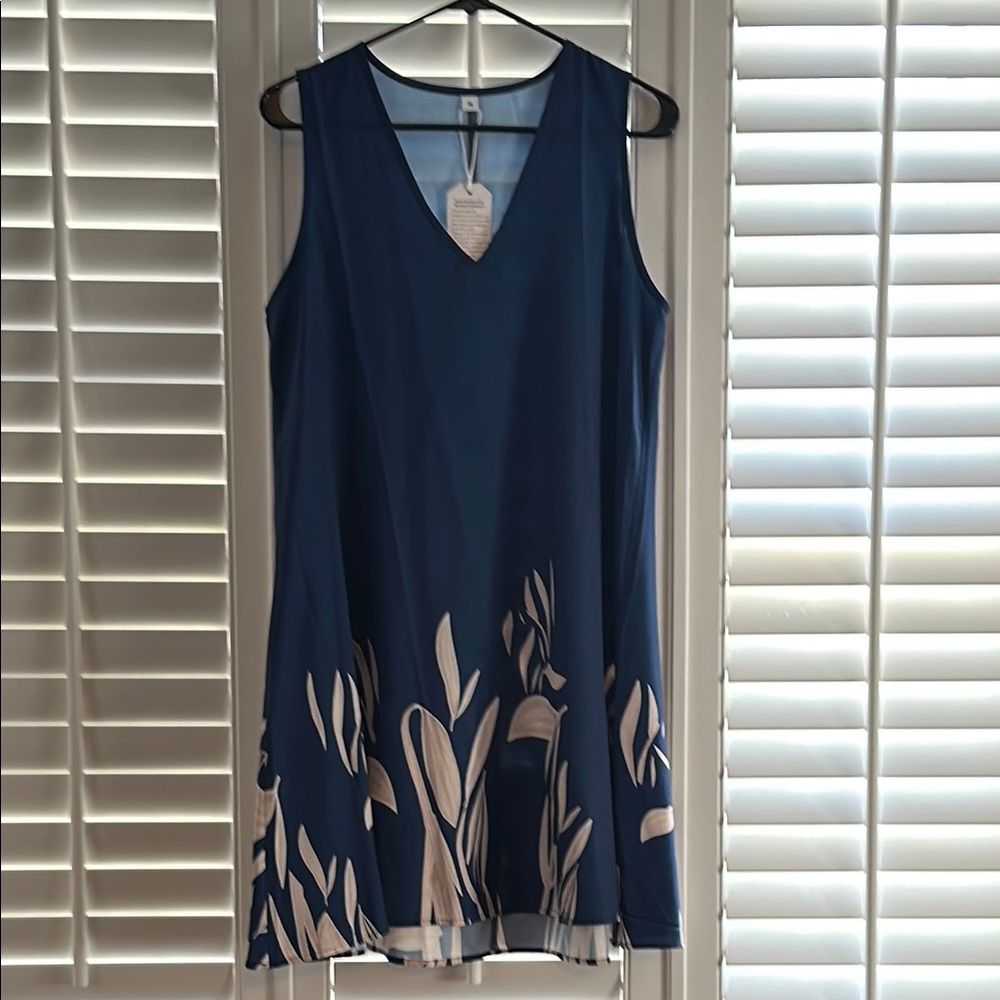 Blue Sleeveless Dress with Cream Leaf Design